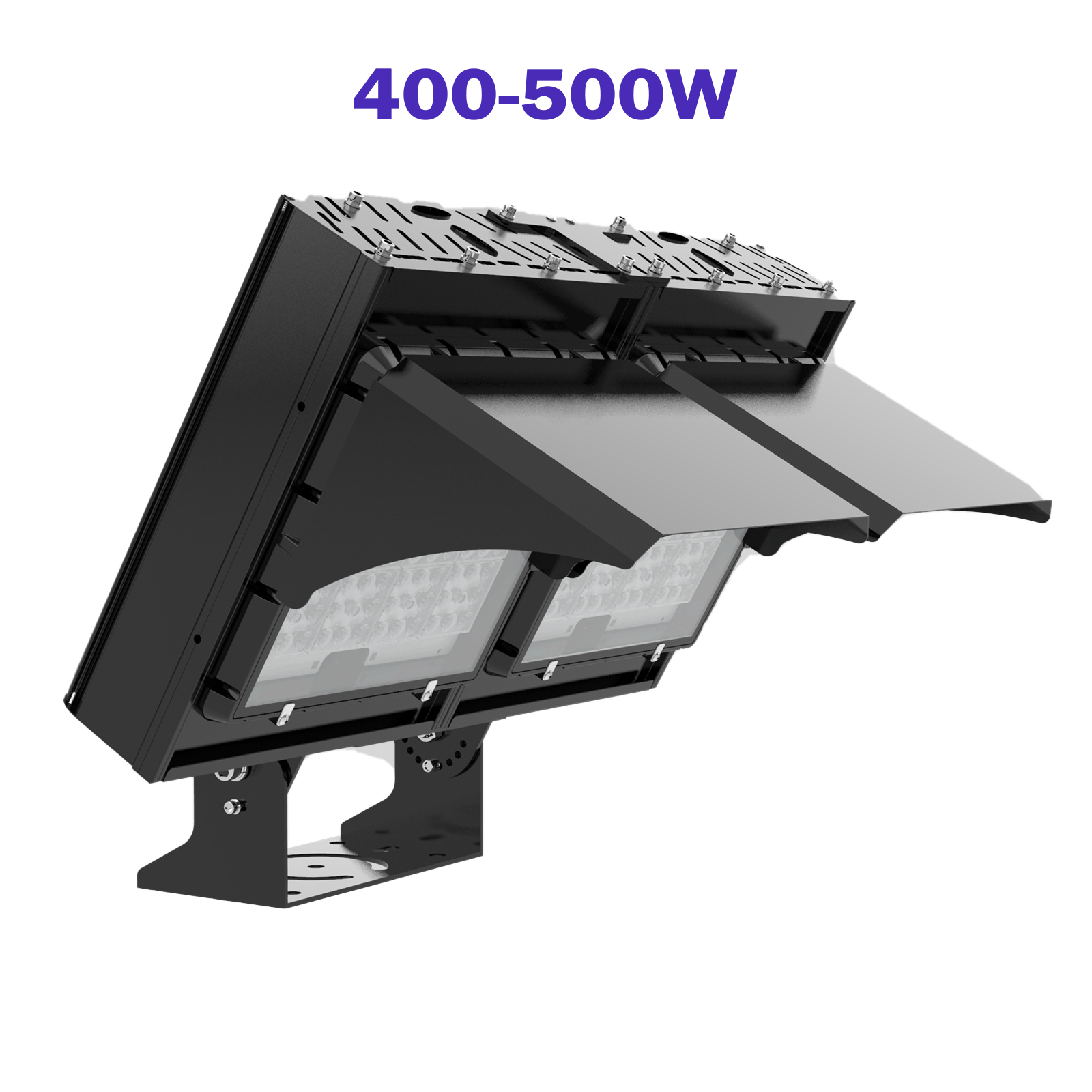 Close-up of the asymmetric optics assembly on an FSQM-300Z indoor tennis court LED fixture, showing the directional lens geometry that concentrates light distribution toward the court surface from a lateral mounting position, minimising glare into players' upward sightlines during serve and overhead play.