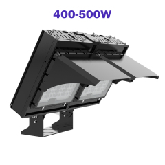 Close-up of the asymmetric optics assembly on an FSQM-300Z indoor tennis court LED fixture, showing the directional lens geometry that concentrates light distribution toward the court surface from a lateral mounting position, minimising glare into players' upward sightlines during serve and overhead play.