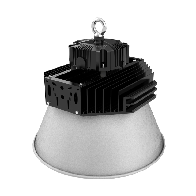 Front view of a 150W/200W/240W stadium LED light for indoor sports hall and gymnasium lighting, showing the 6063-T5 aviation aluminum housing with electroplated black finish, anti-glare deep shield, and IP67-rated sealed construction, installed at high-ceiling mounting height for indoor court sports, arena, and stadium lighting applications with Taiwan Mean Well XBG driver and Lumileds 3030 light source.