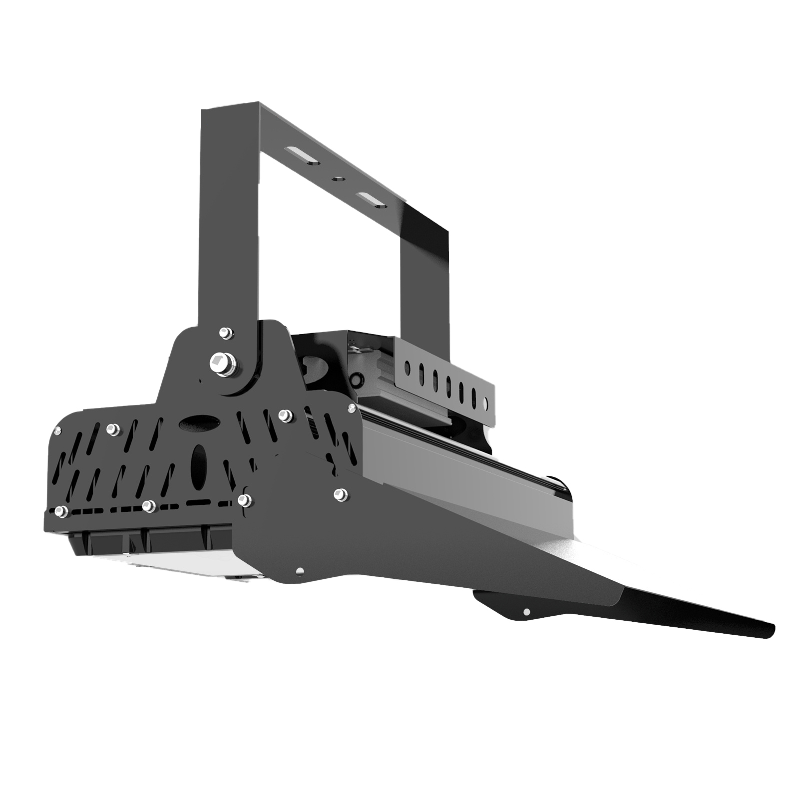 Detail view of the rotating flange bracket mechanism on a 300–340W LED tennis court light showing the adjustable projection angle hardware that enables on-site beam direction calibration after structural mounting, used for precise photometric alignment on tennis courts with non-standard pole positions or roof geometry in indoor and outdoor sports facility installations.