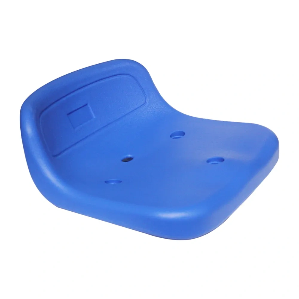 Close-up detail of Chang-L HDPE 5502 hollow blow molded stadium seat showing stress-free consistent wall section at seat edge, UV-stabilized polymer surface texture, and BPA-free material finish
