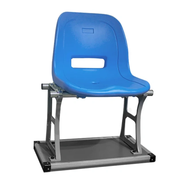 Close-up detail of Eco-H HDPE 5502 blow molded stadium seat showing anti-UV treated polymer surface texture, twin-wall edge section at backrest and seat pan junction, and raw material finish
