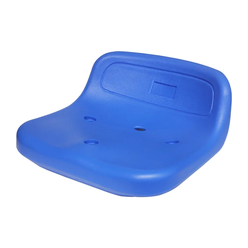 Chang-L HDPE hollow blow molded stadium seats in flat installation configuration on a metal structure bleacher or bench frame, showing seat-to-frame bracket geometry, row alignment, and consistent shell profile across the seating array