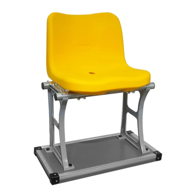 Eco-M HDPE blow molded stadium seats in flat installation configuration on a metal structure bleacher deck, showing seat-to-frame bracket profile and row alignment geometry
