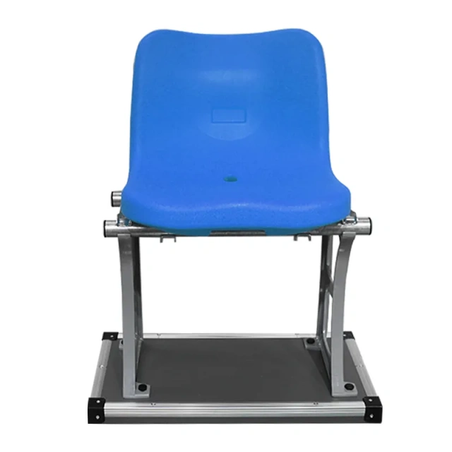 Eco-M HDPE blow molded stadium seat W417×D477×H312mm front view showing hollow blow molded twin-wall shell profile, seat face geometry, and color finish manufactured from Saudi Arabia BN HDPE 5502