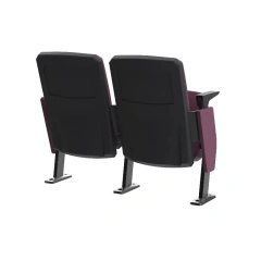 Floor-mounted stadium seating row layout — full aisle-to-aisle row span showing center-to-center spacing, base plate footprint anchored to arena concrete floor, seats in closed tip-up position, uniform powder-coated frame alignment
