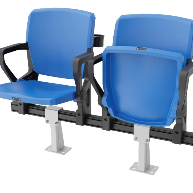 Detail view of YH-QF Warrior tip-up stadium seat in closed folded position showing nylon + glass fiber triangular bracket, spring folding mechanism, Dacromet treatment fastener array, and 287mm closed seat depth profile against mounting beam