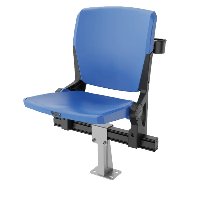 Full venue deployment of YH-QF Warrior air-assisted folding stadium seats in a concert hall or multipurpose venue showing beam mounting installation, riser row alignment, spring-folded closed position in unoccupied rows, and stainless steel seat number fastener array