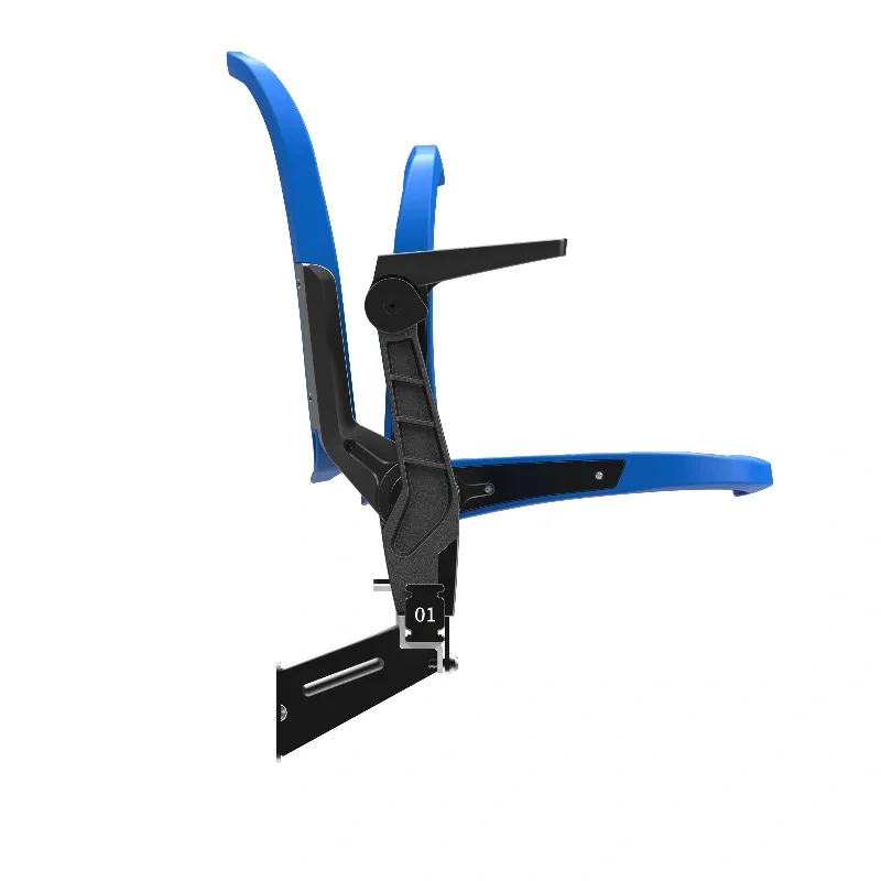 stadium foldable seat with detachable soft bag padded option installed, showing cushion attachment mechanism on PP shell seat surface, padded seat conversion configuration, and stadium or arena seating row context