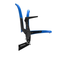 stadium foldable seat with detachable soft bag padded option installed, showing cushion attachment mechanism on PP shell seat surface, padded seat conversion configuration, and stadium or arena seating row context