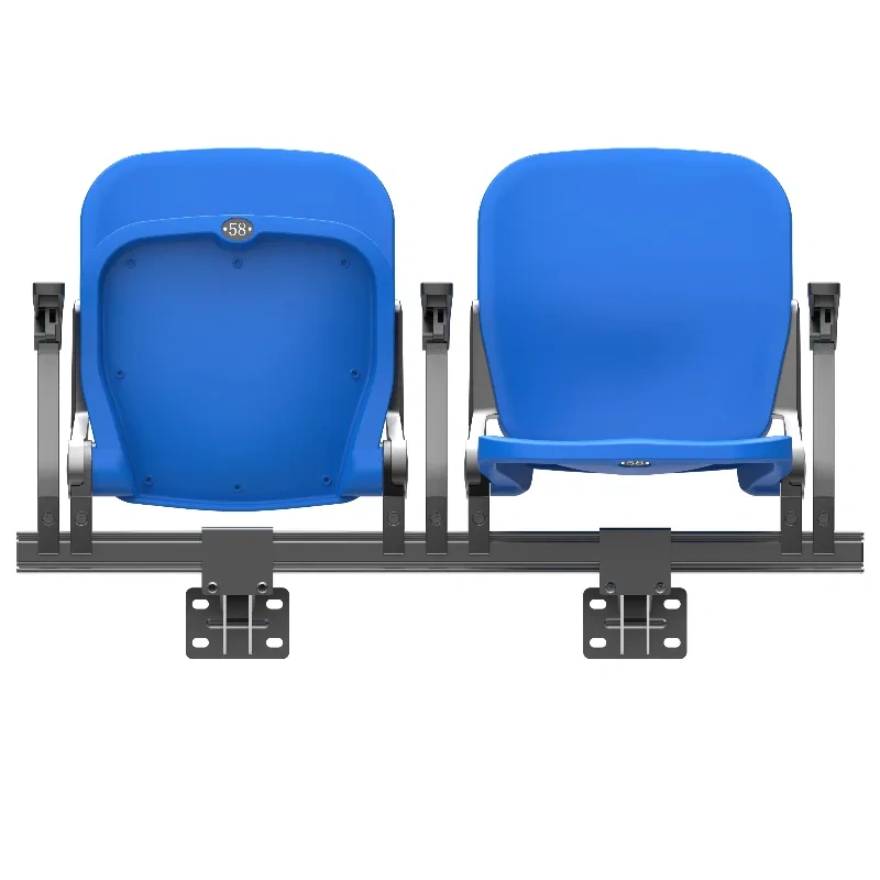 stadium round-back air-assisted foldable seat in open position showing PP gas-assisted injection molded round backrest and seat shell, tip-up mechanism, and seat profile for stadium tier or bleacher row installation