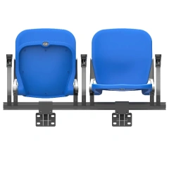 stadium round-back air-assisted foldable seat in open position showing PP gas-assisted injection molded round backrest and seat shell, tip-up mechanism, and seat profile for stadium tier or bleacher row installation