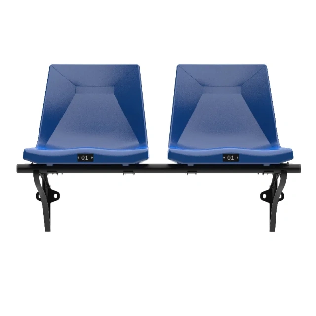 Stadium seat showing seat number and add plate optional accessory configuration, stainless or injection-molded seat number plate mounting, and seat identification layout for football field or stadium row numbering system