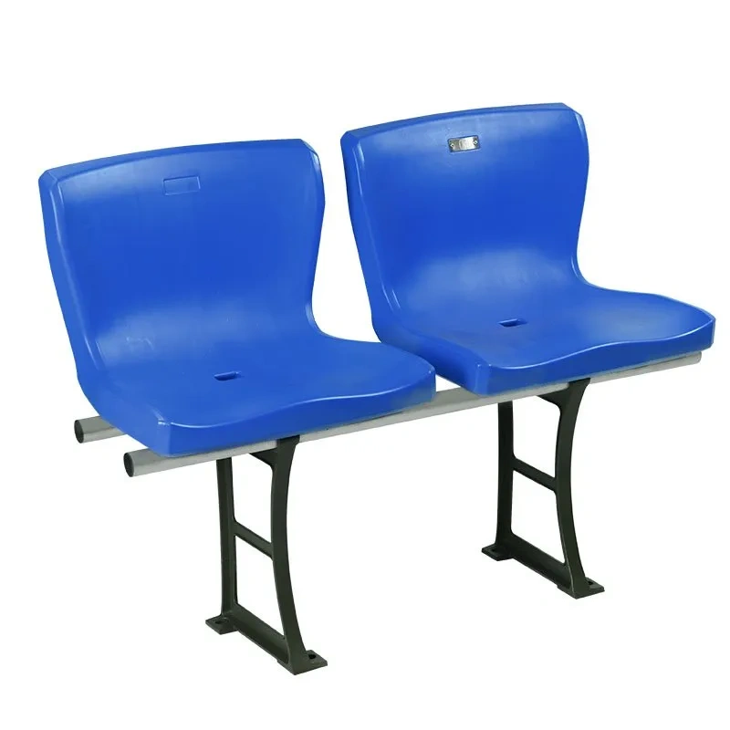 Outdoor seats in beam riser-mounted configuration showing riser step integration at 715±5mm mounting height, galvanized beam-to-riser bracket profile, and seat row alignment on concrete riser geometry at outdoor stadium venue