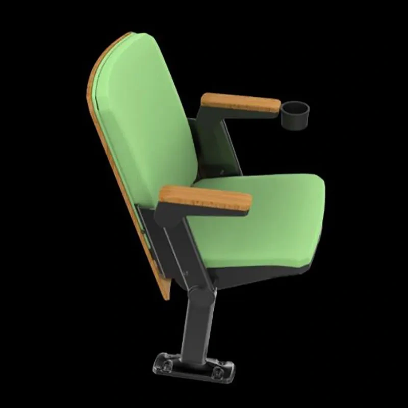 Finished wood armrest and plastic end panel assembly detail — natural wood grain surface of armrest pad, injection-molded plastic end panel at row terminal position, interface with Z-shape steel leg and upholstered seat side profile