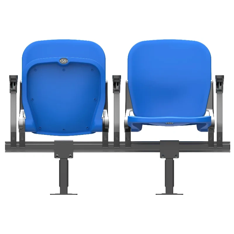 Detail view of YH-QF(R) foldable stadium seat showing double torsion spring slow rebound mechanism at hinge point, spring geometry, and controlled return actuation hardware for tip-up seat closure in stadium or grandstand context