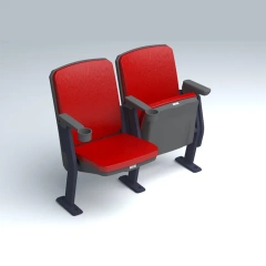 Integrated advertising space panel and seat number position on the seat back — advertising insert recess on rear backrest face, sequential seat number label placement, fabric upholstery surface surrounding the panel recess in an arena row configuration