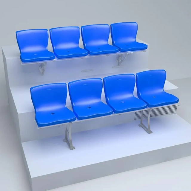 Football field seats project view showing complete installed seating section with galvanized steel or aluminum beam structure, contoured bucket seats, optional accessories, and football field or outdoor stadium site context