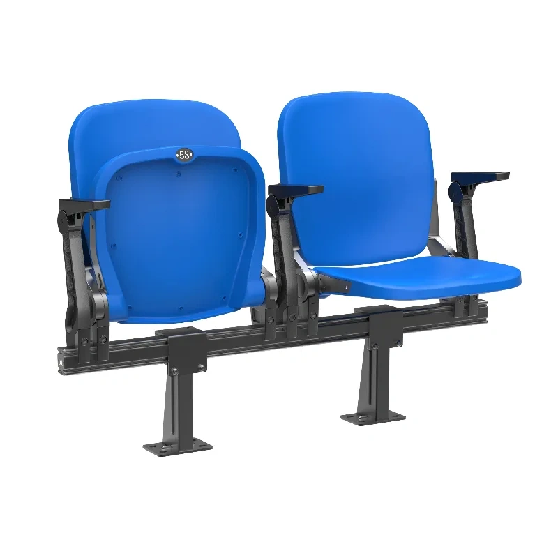 stadium foldable seats in floor-mounted with beam installation configuration showing beam rail alignment, PP injection-molded seat number assemblies, bracket mounting, and row layout in stadium arena context