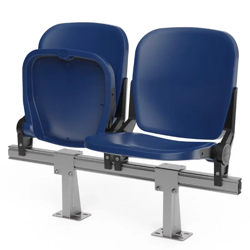 stadium foldable seats in riser-mounted with beam installation configuration showing riser step integration, beam connection profile, nylon + glass fiber or aluminum bracket detail, and seat row alignment on concrete riser geometry