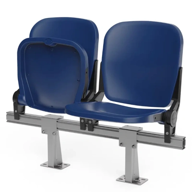 stadium foldable seats in riser-mounted with beam installation configuration showing riser step integration, beam connection profile, nylon + glass fiber or aluminum bracket detail, and seat row alignment on concrete riser geometry