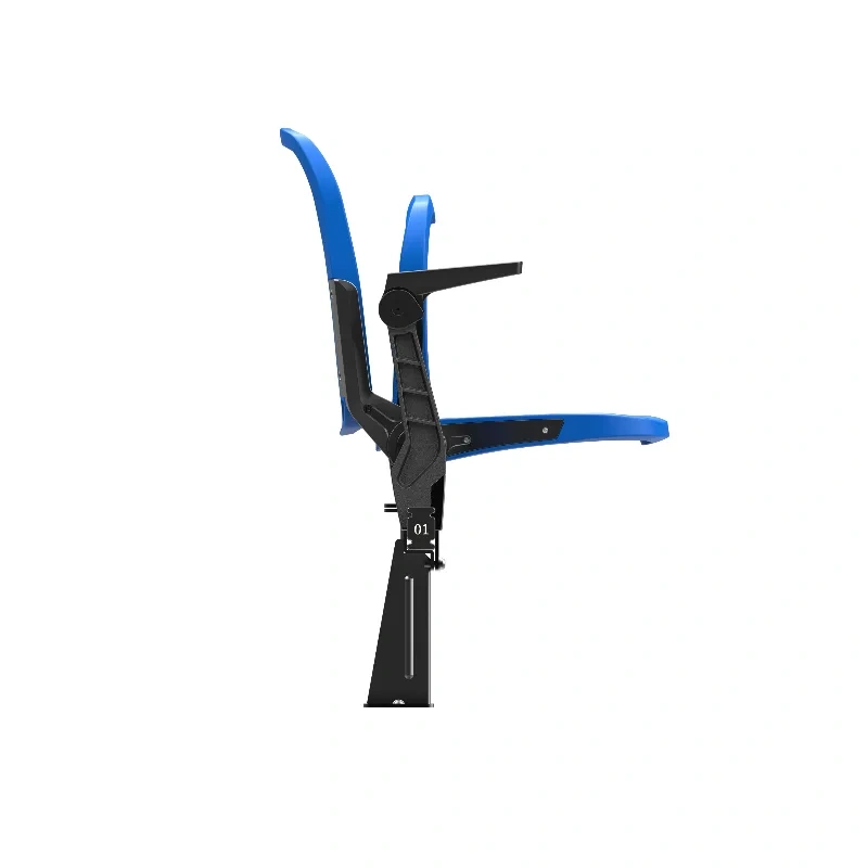 stadium seat with integrated armrests, integrated cupholder, and mechanical writing tablet optional accessories deployed, showing component configuration on PP gas-assisted injection molded seat body in multi-purpose arena context