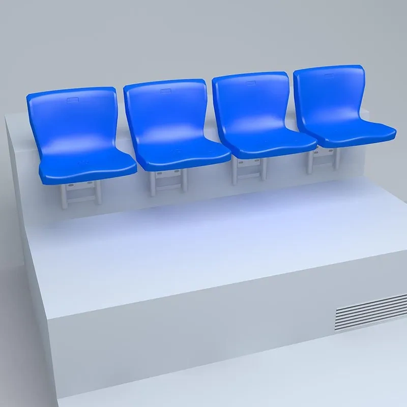 Outdoor waterproof backrest seats installed in open-air concert hall configuration showing floor or riser-mounted beam layout, optional slow rebound spring fold configuration, and exposed outdoor public assembly venue seating context