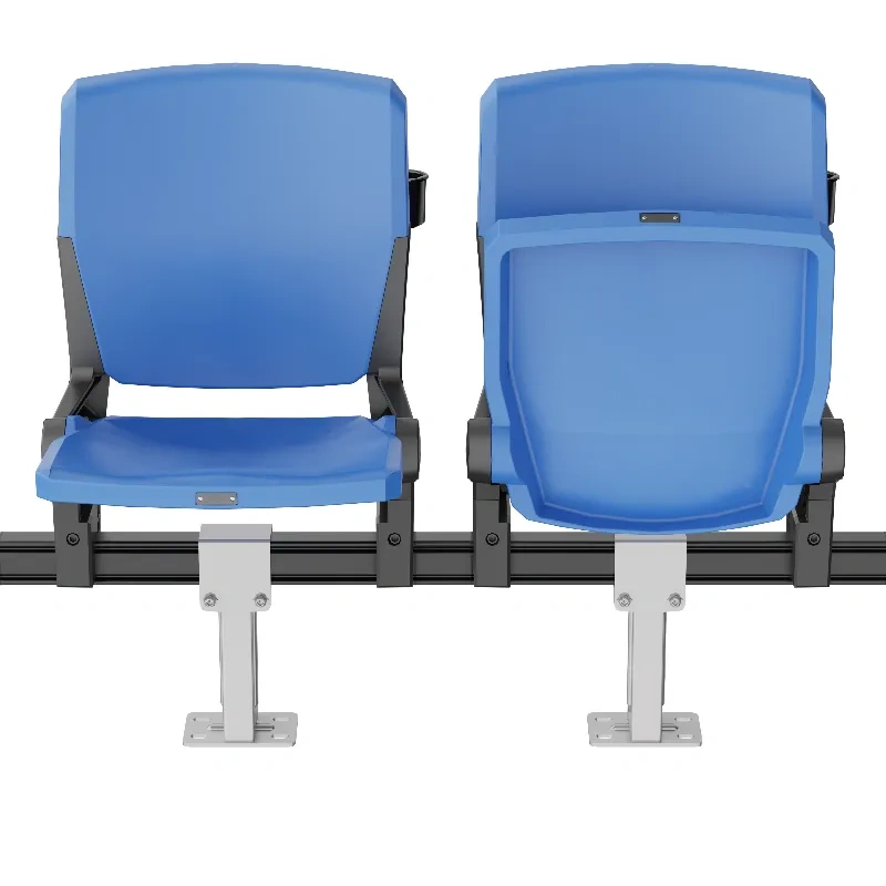 stadium seat with integrated armrest and integrated cupholder accessories installed, showing optional accessory configuration close-up detail on PP gas-assisted injection molded seat body in bleacher row context