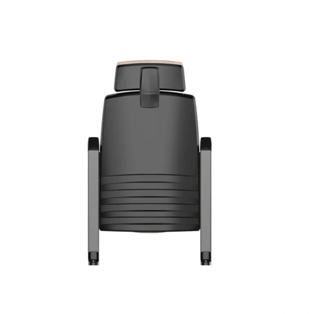 VIP upholstery seat close-up showing integrated armrest and cupholder optional accessory configuration, aluminum alloy armrest frame detail, and ABS composite lining panel finish in stadium or concert hall VIP seating row context