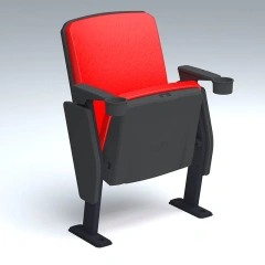Indoor padded stadium seats deployed in a concert hall seating layout — floor-mounted rows on raked theater floor, fabric upholstery in closed tip-up position, Z-shape steel leg bases anchored to raked concrete deck, finished wood armrests at aisle positions