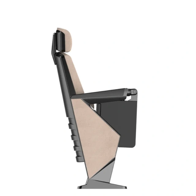 Full row installation of VIP upholstery seats in a high-end auditorium or stadium VIP zone, showing spring-folded closed position in unoccupied rows, outdoor leather cushion face, aluminum alloy structural frame, and ABS composite lining panel array across the seating tier