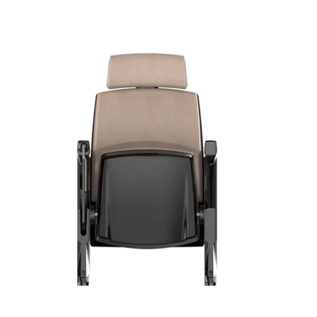 VIP upholstery seat in open seated position showing outdoor leather and premium PU outer cover surface, polyurethane cold foam anatomical cushion profile, spring folding mechanism, and aluminum alloy structural bracket frame for stadium VIP zone or auditorium installation