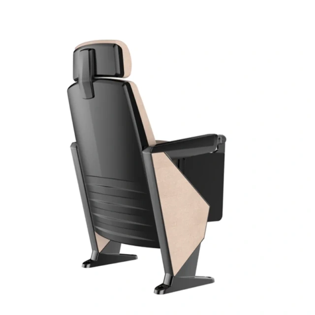 VIP upholstery seat with extended injection-molded ABS composite writing tablet at 380×260×12mm deployed on aluminum alloy tablet connector, showing tablet surface area, thickness profile, and integration point at seat armrest frame for university auditorium or lecture hall application