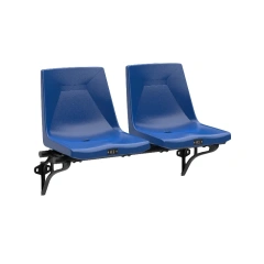 Waterproof backrest outdoor football field seat in contoured bucket position showing HDPE mono-shell or polyurethane foam + wood shell profile, 410mm width, waterproof backrest geometry, and outdoor stadium seating installation context