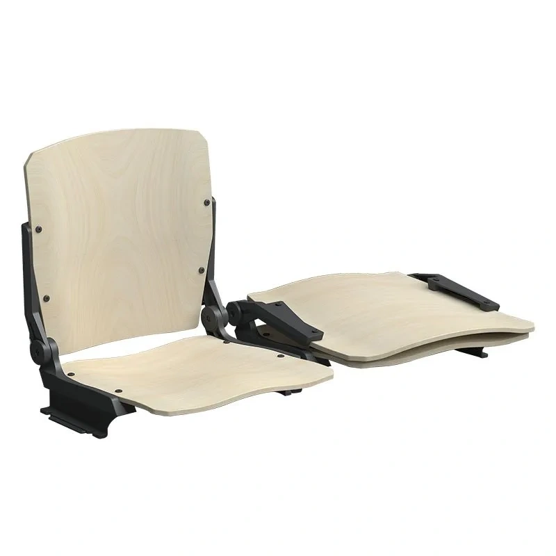 Wooden fold-down chair unfolded in multi-row telescopic bleacher assembly — hot-pressed eucalyptus composite seat with wood grain surface finish, integrated spring tip-up mechanism, steel or aluminum deck-front mounting bracket with powder-coated surface, optional armrests at aisle position, auditorium telescopic seating infrastructure deployment