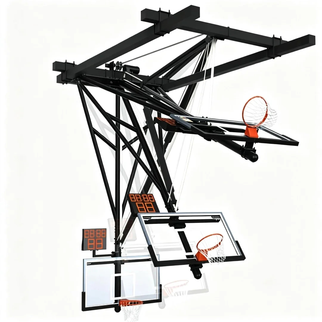 FIBA certified ceiling suspended backstop in fully deployed vertical position showing 5½" single drop frame structural tubing, pre-welded internal bracing architecture, powder-coat finish, and ceiling suspension mounting assembly for championship basketball stadium or university athletic center
