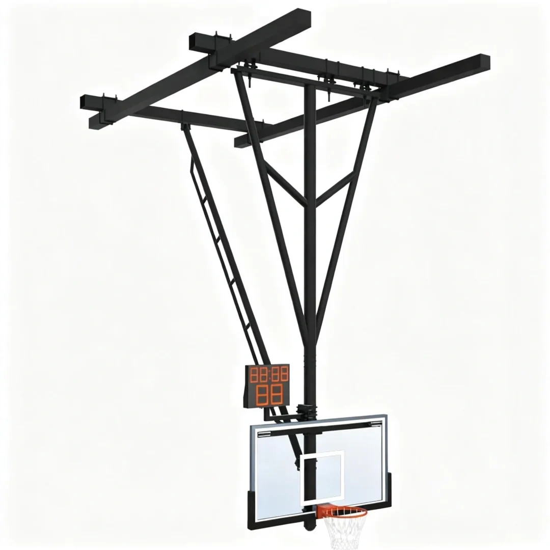 FIBA certified suspension basketball rack in fully deployed ceiling-mounted position showing 5½" single drop frame structural tube, fully welded frame with internal bracing, heavy diagonal sway bracing, competition break-away rim, and standard color powder-coat finish at professional arena or university athletic center installation