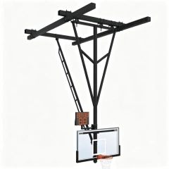 FIBA certified suspension basketball rack in fully deployed ceiling-mounted position showing 5½" single drop frame structural tube, fully welded frame with internal bracing, heavy diagonal sway bracing, competition break-away rim, and standard color powder-coat finish at professional arena or university athletic center installation