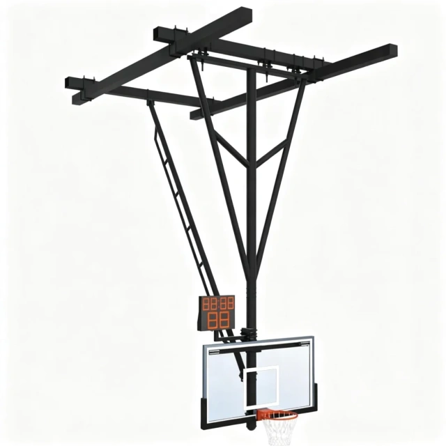 FIBA certified suspension basketball rack in fully deployed ceiling-mounted position showing 5½" single drop frame structural tube, fully welded frame with internal bracing, heavy diagonal sway bracing, competition break-away rim, and standard color powder-coat finish at professional arena or university athletic center installation