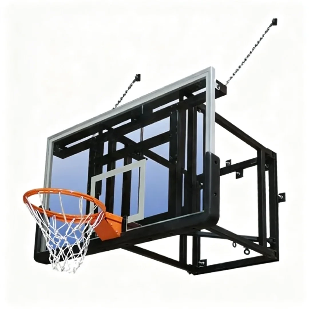 FIBA wall mounted basketball stand in fully deployed perpendicular court position showing 1800×1050mm heavy-duty steel tube frame, dual welded-link chain stabilizers, fold diagonal brace locking device in engaged position, flex rim competition breakaway assembly, and commercial black powder-coat finish
