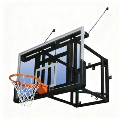 FIBA wall mounted basketball stand in fully deployed perpendicular court position showing 1800×1050mm heavy-duty steel tube frame, dual welded-link chain stabilizers, fold diagonal brace locking device in engaged position, flex rim competition breakaway assembly, and commercial black powder-coat finish
