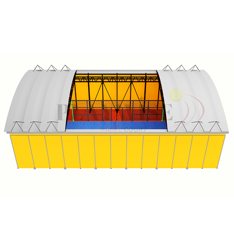 Under-canopy view of H009R padel court showing 8 pieces × 200W EN 12193 certified LED floodlights mounted on hot dip galvanized steel frame structure, symmetric illumination array geometry across 22×11m court surface, and motorized electric roof in closed overhead position