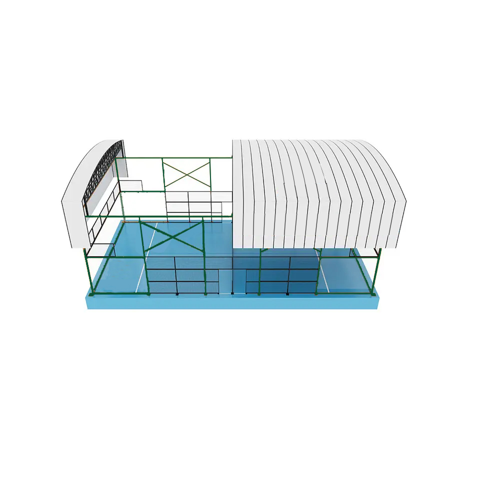 Close-up of H009R padel court electric roof auto-opening/closing motor assembly permanently integrated into upper structural horizontal frame, showing motor housing, drive rail mechanism, and motorized canopy actuation system for all-weather operation under FIP-compliant 22×11m court