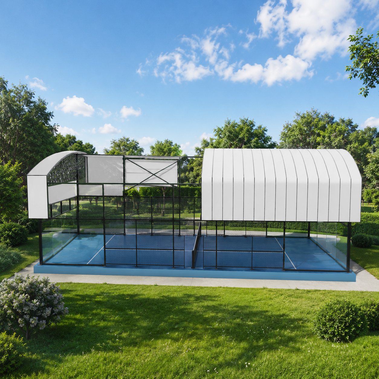 Panoramic padel court with electric roof H009R complete isometric view showing 22×11m FIP-compliant court layout, hot dip galvanized 100×100×3mm steel column profiles, motorized electric roof in open or closed position, 12mm EN 12150-1 tempered glass panels, and 8×200W LED floodlight array in luxury country club or resort facility context
