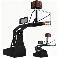 FIBA approved portable basketball hoop for Level 1 competition complete side isometric view showing full tournament framework at 3.05m standard height with 3.25m overhang extension, 1800×1050mm 12mm clear view tempered glass backboard, rugged steel structure with powder coating finish, and full cover safety padding