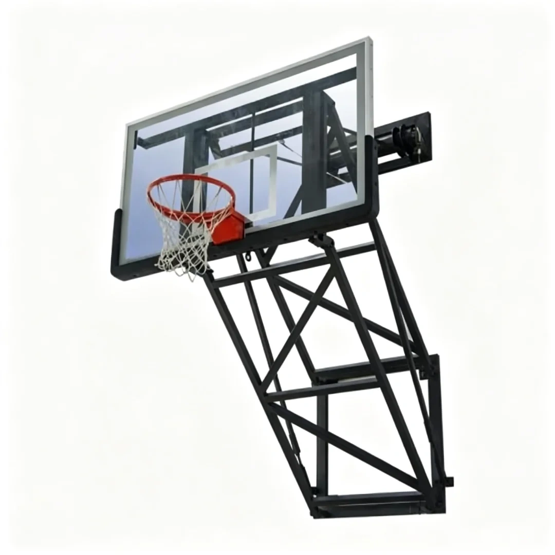 Wall mounted motorized basketball stand complete side isometric view showing automated overhead folding trajectory from active play position to nearly flat-against-wall storage position, 180×105cm tempered glass backboard, rugged steel tubing frame, and black or white rustproof powder coat finish