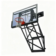 Wall mounted motorized basketball stand complete side isometric view showing automated overhead folding trajectory from active play position to nearly flat-against-wall storage position, 180×105cm tempered glass backboard, rugged steel tubing frame, and black or white rustproof powder coat finish