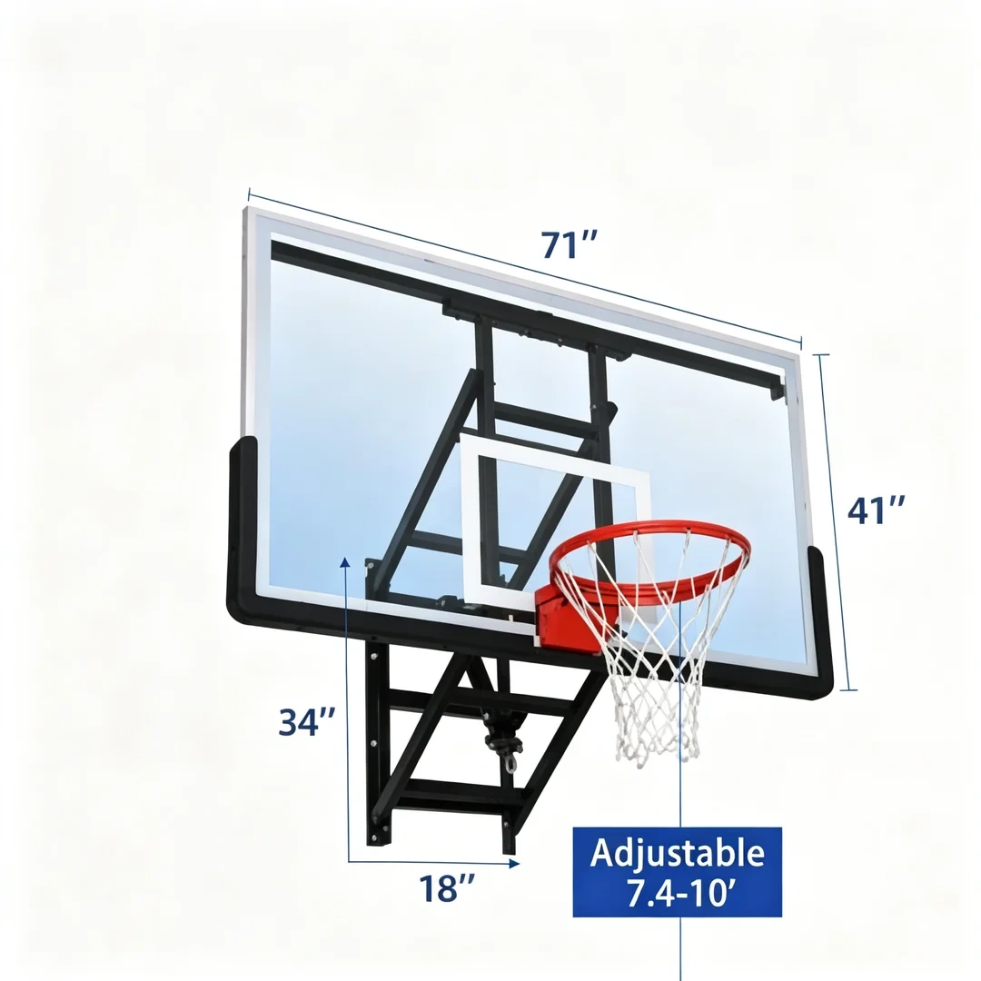 Wall mounted basketball stand complete side isometric view showing heavy-duty wall mount structural core with variable parallel extension arms fully extended, 180×105cm tempered glass backboard, crank handle height regulator, and approximately 27" wall-to-backboard extension at 10' regulation rim height