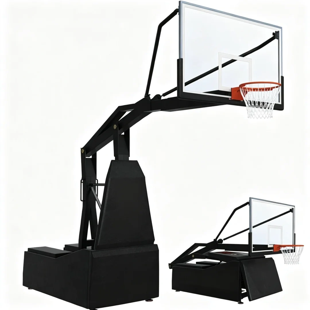 FIBA approved 3x3 basketball hoop, complete side isometric layout showing full half-court framework extension with steel frame, powder-coated rustproof finish, 12mm tempered glass backboard, and 3.05m rim height for stadium and arena venue placement.