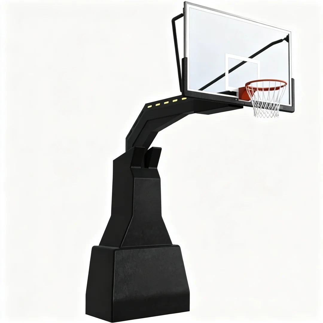 Complete side isometric view of FIBA-approved permanent inground basketball hoop showing 300×400mm steel column, 2.25m offset arm, 180×105cm tempered glass backboard, and powder-coated black finish for indoor and outdoor court installation.